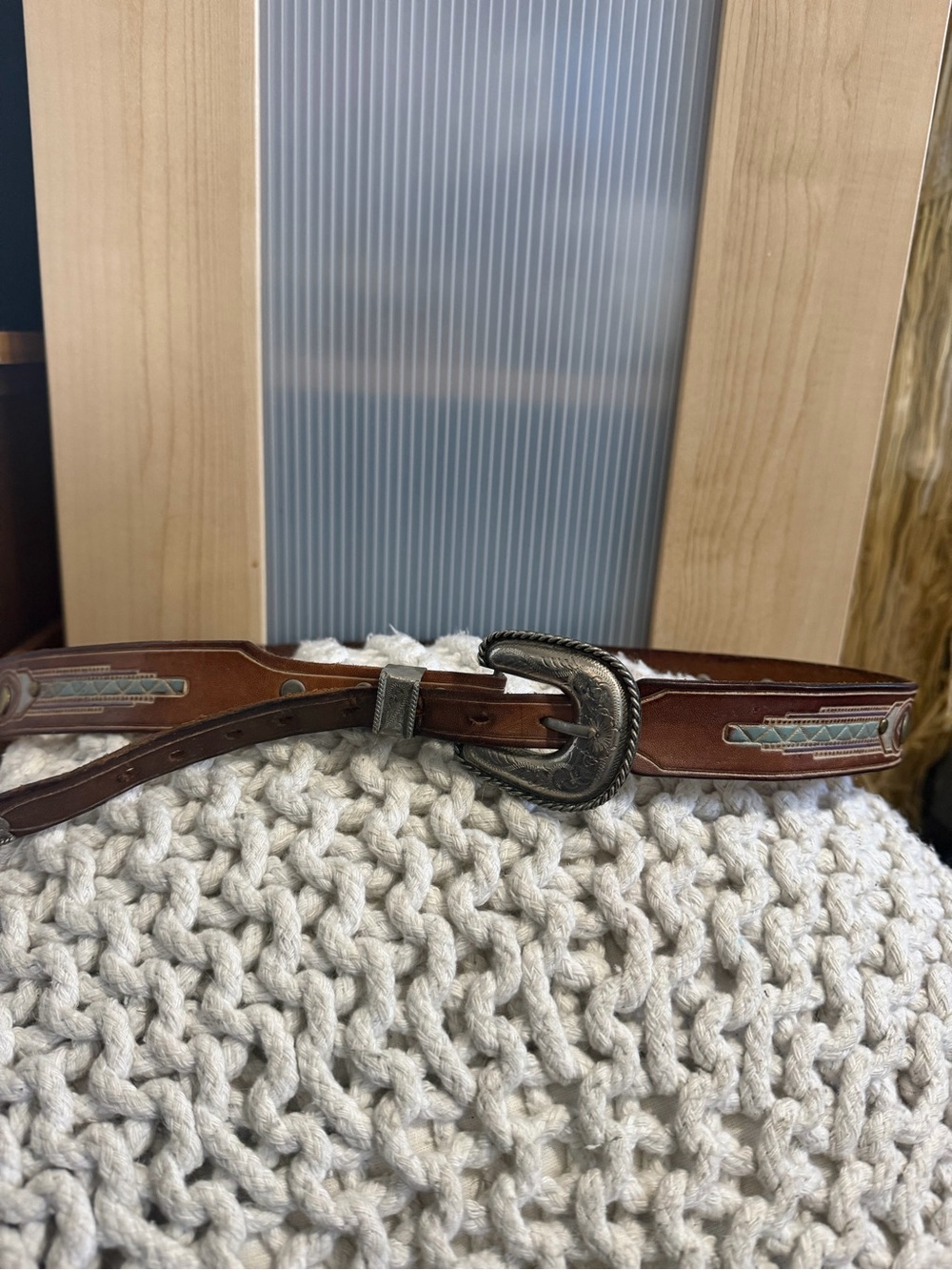 Vintage Leegin Southwestern Inlay Leather Belt Brown Size 36